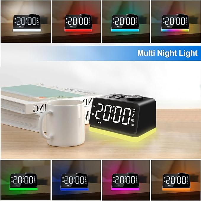 Digital Alarm Clock with FM Radio for Bedroom, 8 Colors Night Light with 2 Charging Port, Sleep Sound Machines with Timer, Dual Alarm, Loud Alarm and Easy to Use for Seniors and Kids as Gift (Black)