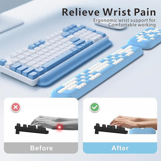 MEKASS Keyboard Wrist Rest, Ergonomic Wrist Pad, Soft Memory Foam Keyboard Hand Rest with Non-Slip Base, Easy Typing, Pain Relief, Comfort Support for Office Work Gaming Accessories (Blue White)