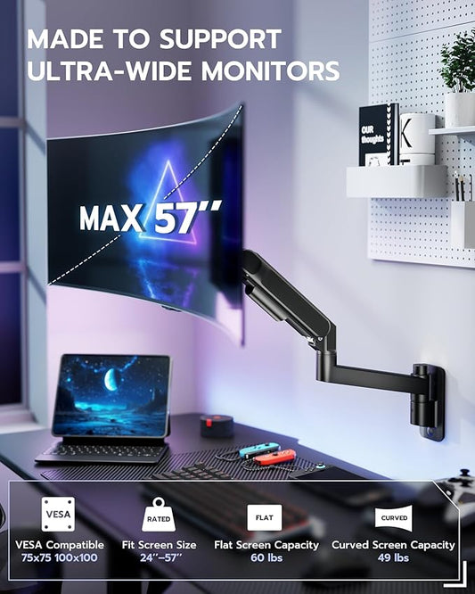 ARES WING Monitor Wall Mount for 24-57 Inch Ultrawide Gaming Screens, Premium Heavy Duty Monitor Arm Holds 60 lbs, Full Motion Gas Spring, Bearing Head for Easy Adjustment, 75/100 VESA Mount, Black