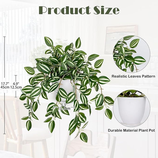 Briful Fake Plants Indoor Artificial Potted Silk Plants Faux Watermelon Peperomia Cascading Vine Plant for Home Office Livingroom Desk Shelf Mantle Decoration(Green/White - 1 Pack)