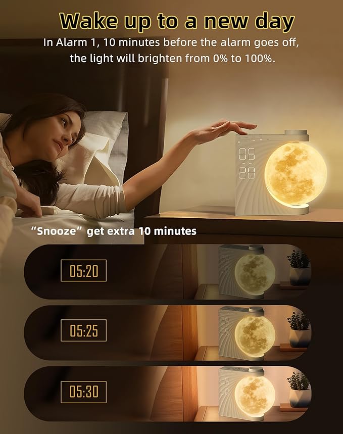 Sunrise Alarm Clock for Bedrooms - Auto-Rotating Moon Lamp with Wake-Up Light & Night Light, 10 Nature Sounds, Dual Alarms for Heavy Sleepers, 30/60/90 Timer & Snooze