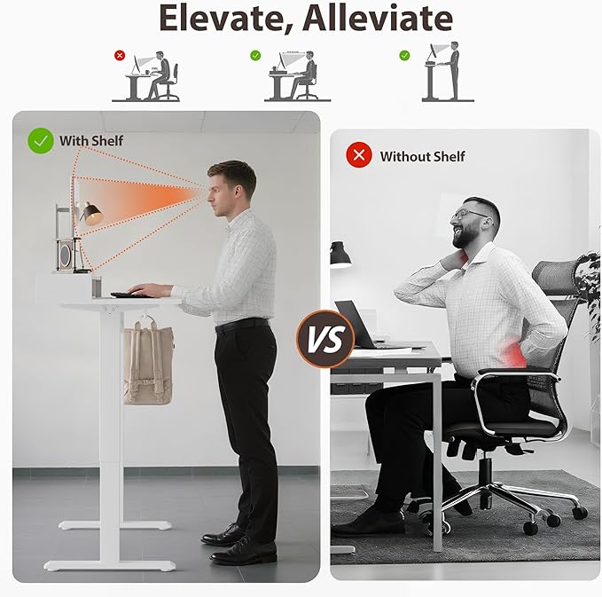 Agilestic Glass Standing Desk with Storage, 48 Inch Electric Adjustable Desk with Glass Shelf, Sit Stand Up Home Office Computer Table, Splice Board, White