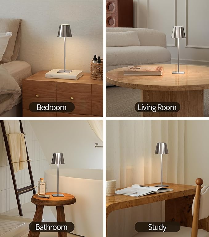 UME 3 Pack Cordless Table Lamp, Battery Operated Lamp - Portable Waterproof Rechargeable Table Lamp w/ 3 Color Temps & Stepless Dimming for Dinner, Desk, Cafe, Outdoor (Brushed Silver)