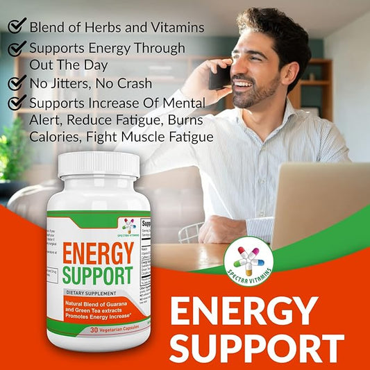 Spectra Vitamins Natural Energy Support 30 Capsules - Guarana Capsules - Vitamin B12 - Guarana and Green Tea Extracts - Citrulline Energy Supplements with Natural Energy Booster