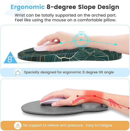 HAOCOO Ergonomic Mouse Pad with Wrist Rest and Keyboard Wrist Rest, 3 PCS Computer Carpal Tunnel Mouse Pads Set for Desk with Coaster, Memory Foam Mousepad Support for Office Laptop, Green Palm Leaves