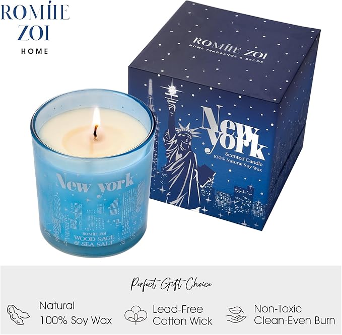 Scented Candle - New York City with Scent of Wood Sage and Sea Salt- 6oz Aromatherapy Soy Wax Jar Candle for Home, Gifts for Women - 170g