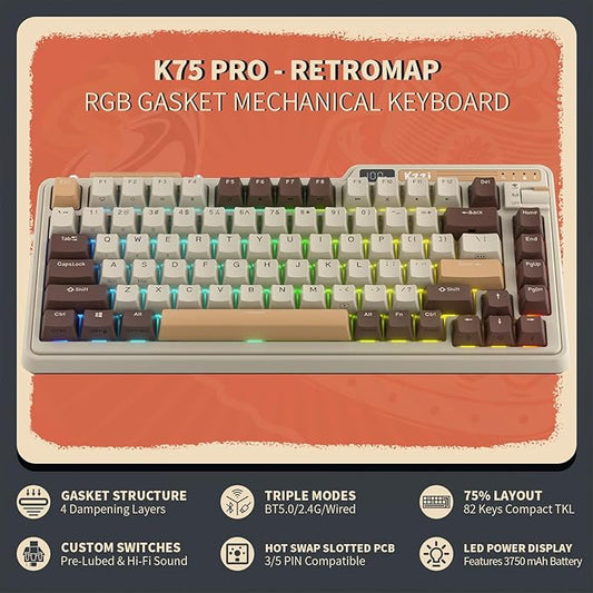 K75 PRO RGB 75% Wireless Gasket Mechanical Keyboard, Triple Mode BT 5.0/2.4G/USB-C 82 Keys Hot Swappable Gaming Keyboard w/Knob & Power Display, Custom Tactile Switches, Mousse Brown