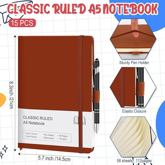 15 Pack Journal Notebook Bulk A5 Hardcover Notebook Classic Journal Set with Pen Holder with 15 Pcs Pens for School Business Work Travel Writing (Brown)