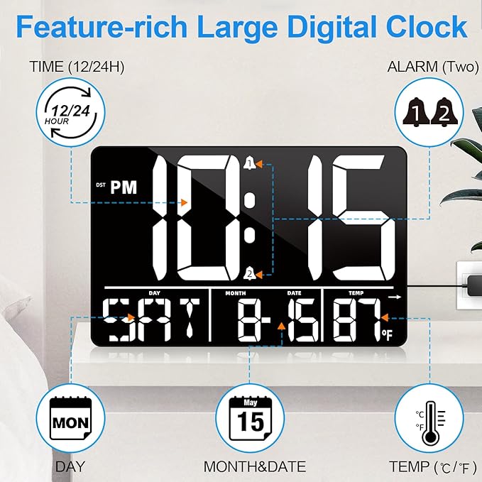13" Digital Wall Clock Large Display with Remote, 25 Ringtones, Temperature, Calendar, 0-100% Auto or Custom Brightness, 12/24H, DST, Timer, for Living Room, Kitchen, Bedroom, Office, Elderly