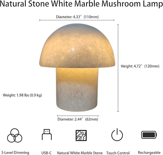 Rechargeable Mushroom Night Light - Dimmable Natural Marble Stone Table Lamp, LED Touch Light for Bedside, Meditation, Entryway, Gift Idea