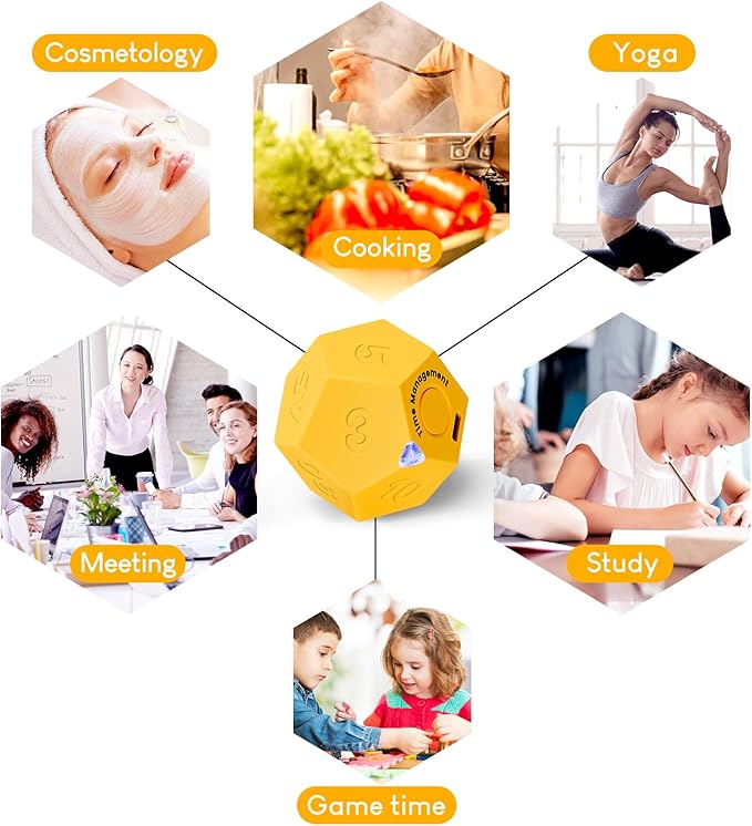 Yellow Pomodoro Timer - 11 Preset Productivity Cube, Ring/Vibrate Mode, Rechargeable, Perfect for Cooking, Learning, Exercise and Beauty