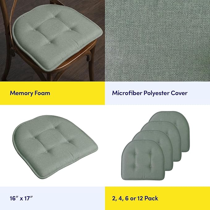 Sweet Home Collection Chair Cushion Memory Foam Pads Tufted Slip Non Skid Rubber Back U-Shaped 17" x 16" Seat Cover, 12 Count (Pack of 1), Scuba Green