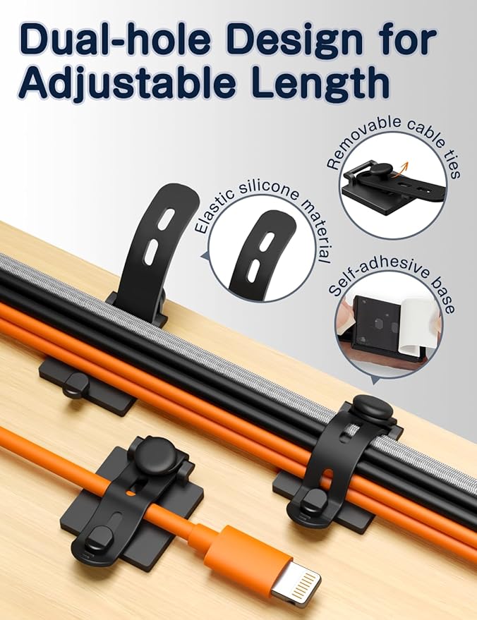 10-Pack Adjustable Cable Clips,Viaky Cable Management,Under Desk with Adhesive Mounts Cable Ties,Multi-Purpose Cable Tidy Clips,Cord Holders for Hanging Desk Car Wall