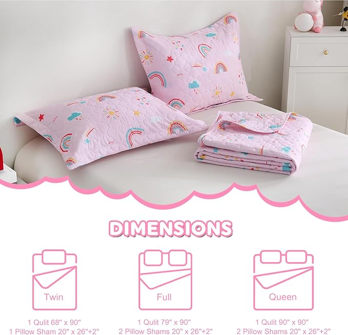 Pink Girls Rainbow Quilt Set Queen Size Kids Bedding Sets Lightweight Summer Bedspread Soft Microfiber Breathable Bed Comforter All-Season