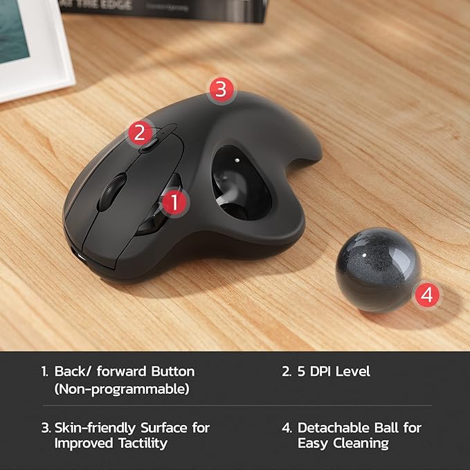 Nulea M501 Wireless Trackball Mouse, Rechargeable Ergonomic, Easy Thumb Control, Precise & Smooth Tracking, 3 Device Connection (Bluetooth or USB Receiver), Compatible for PC, Laptop, Mac, Windows.