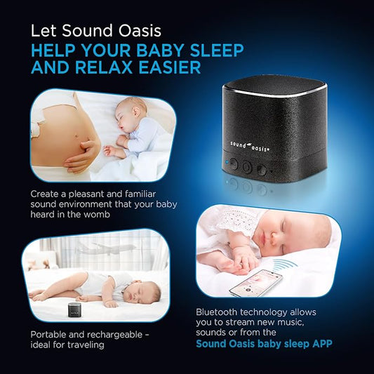 Sound Oasis Baby Sound Machine with Bluetooth - 20 Soothing Sounds, Portable, Includes New Help Booklet and Baby Sound Therapy App for Sleep and Relaxation, Black