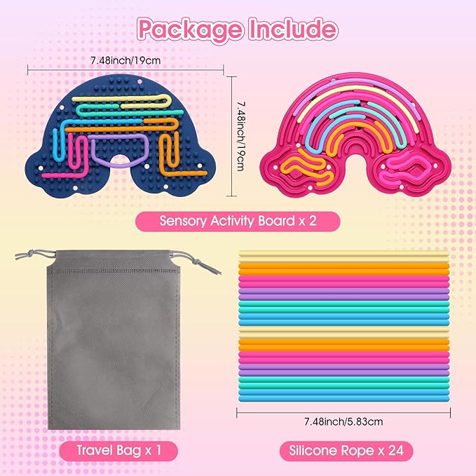 2 Pack Sensory Activity Board Silicone Fidget Toy, Double-Sided Rainbow Sensory Toys for Autism, Stress, Anxiety, ADHD, Kids 3+& Adults, Includes Travel Bag & 24 Strings, Red & Dark Blue