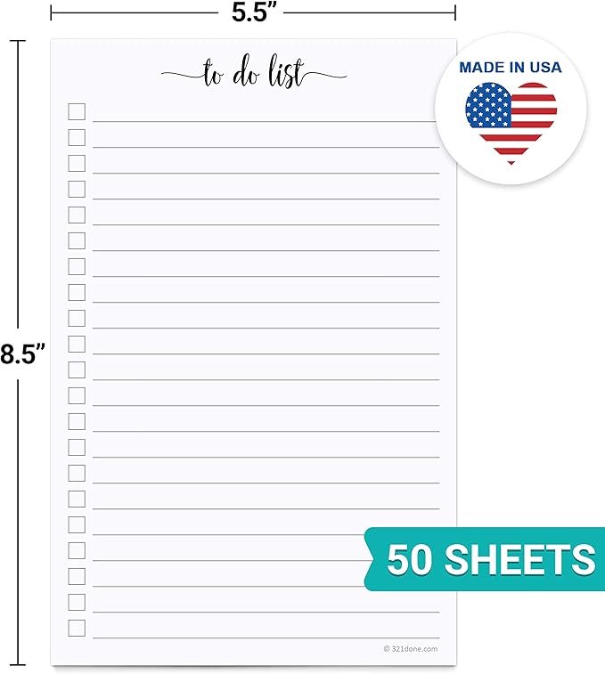 321Done To Do List Notepad - 50 Sheets (5.5" x 8.5") To-Do's Notepad Tear Off, Planning Memo Pad, Planner Checklist Organizing - Made in USA - Simple Script - Wide-Ruled