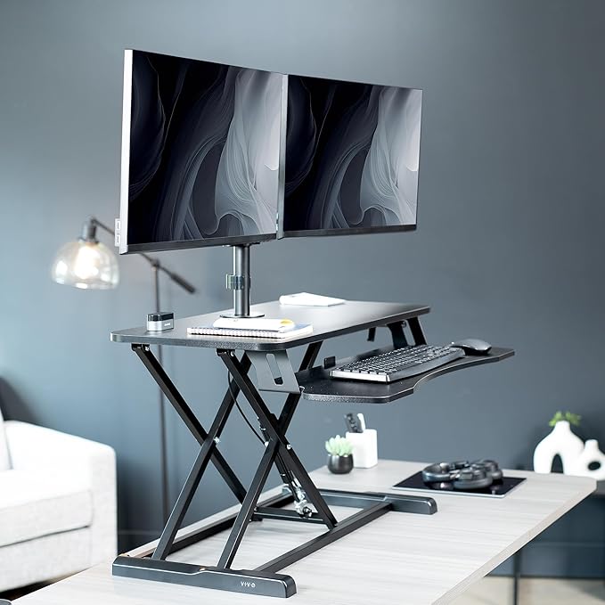 VIVO 32 inch Standing Desk Converter with Dual Monitor Mount for up to 32 inch Screens, Height Adjustable Riser with Pneumatic Spring Arms, Black, DESK-KIT-0K2K