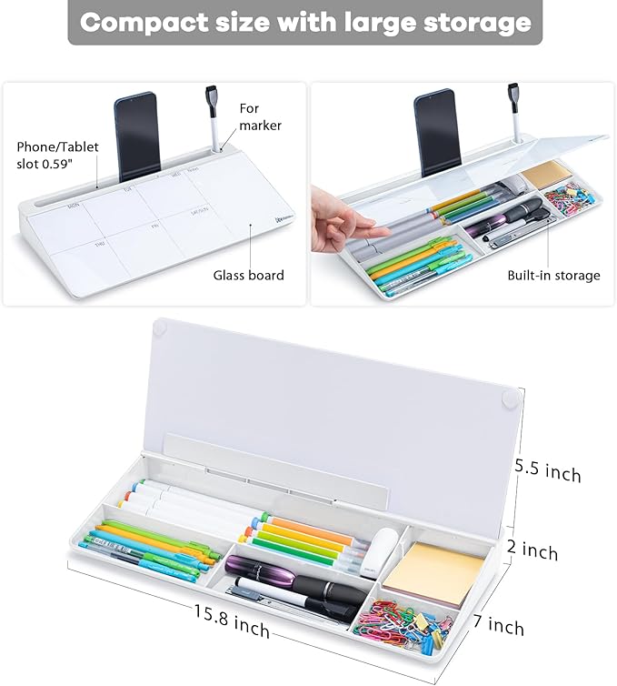 Varhomax Glass Weekly Dry Erase Desk White Board, Desktop to Do List Planner Whiteboard Calendar with Storage Caddy Memo for Home and Office, White