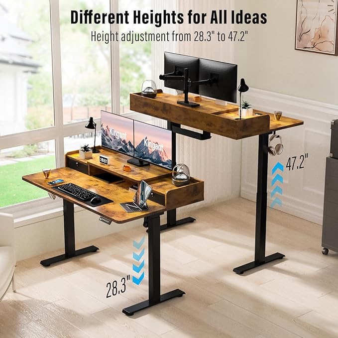 Kingant 48" x 30" Standing Desk with Drawers, Large Desktop, Ergonomic Sit Stand Desk for Home Office Work, Cable Management, 3 Preset Heights & 2 Hooks, Rustic Brown