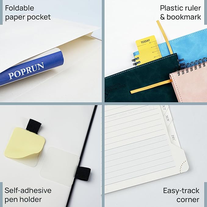 POPRUN 2026 Planner Weekly Notebook (Jan-Dec), Small Size 4''x 6.25'' - 2026 Pocket Calendar for Purse with Spiral Soft Cover, Plastic Ruler, Inner Pocket, 100 GSM TJ - Brown