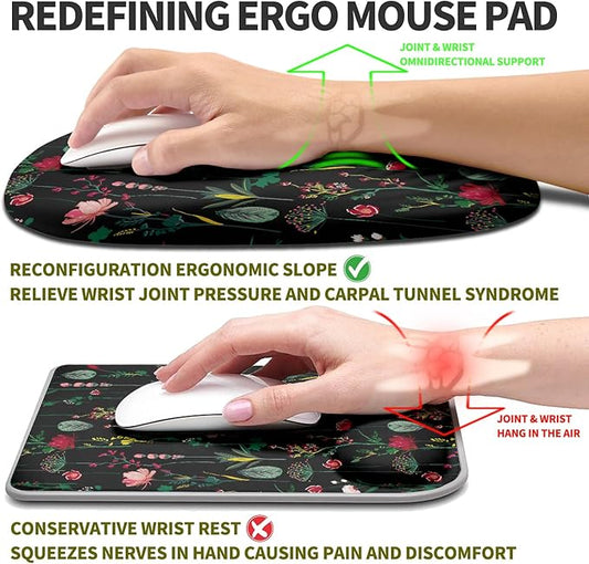Hokafenle Ergonomic Mouse Pad Wrist Support, Terraced Slope Carpal Tunnel Wrist Pad for Mouse with Unibody Memory Foam, Wrist Rest Pain Relief Mousepad (Flower Vine, 11.8x7.9 in)
