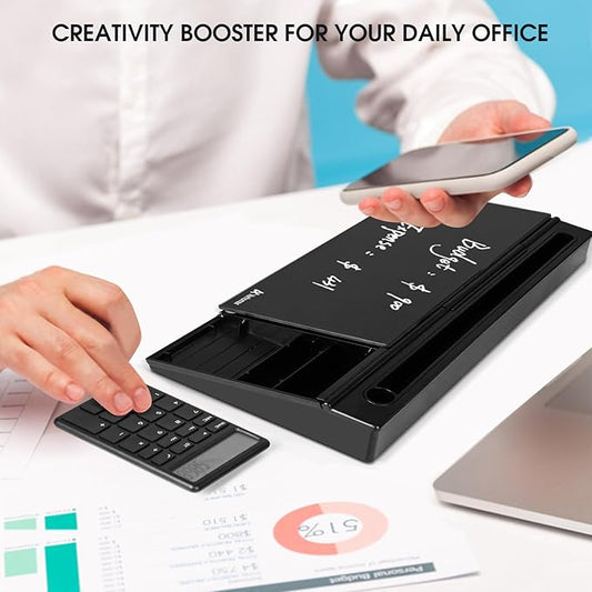 Varhomax Glass Desk Whiteboard Black with Calculator, Desktop Dry Erase White Board with Storage, to Do List Memo Notepad for Home and Office
