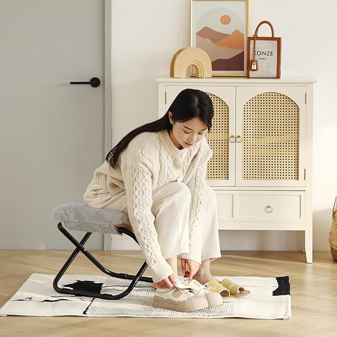 LITA Folding Footrest Stool, Portable Ottoman Foot Rest, Upholstered Small Foldable Ottoman Stool with Detachable Thick Cotton Cushion Padded Sofa Stool for Living Room, Bedroom, Plush Grey