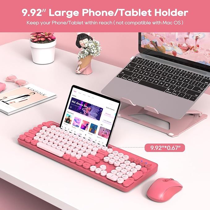 Wireless Keyboard and Mouse Combo, Retro Round Keycaps, Cute Full-Size Typewriter Keyboard with Phone Holder, Sleep Mode, Click Soft, 2.4GHz Cordless Connection for Windows/PC/Laptop (Pink-Colorful)