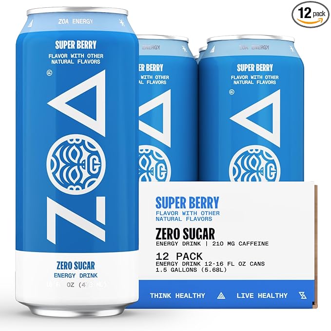 ZOA Zero Sugar Energy Drinks, Super Berry - Sugar Free with Electrolytes, Healthy Vitamin C, Amino Acids, Essential B-Vitamins, and Caffeine from Green Tea - 16 Fl Oz (12-Pack)