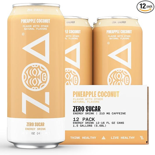 ZOA Zero Sugar Energy Drinks, Pineapple Coconut - Sugar Free with Electrolytes, Healthy Vitamin C, Amino Acids, Essential B-Vitamins, and Caffeine from Green Tea - 16 Fl Oz (12-Pack)