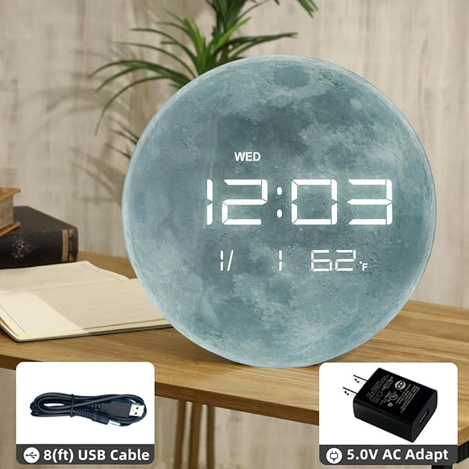13" Digital Wall Clock with LED Display, Calendar & Temperature, Automatic Dimming, 12/24hr Format, Wall & Desk Use - HUI-7860