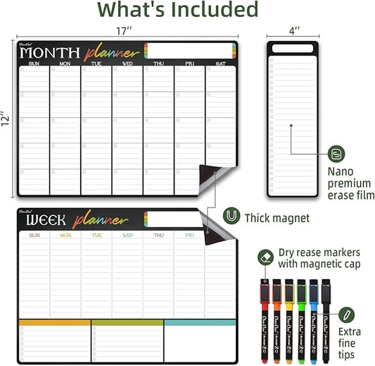 Magnetic Dry Erase Monthly Calendar Set - 17"x12" Monthly and Weekly Calendar, 4"x12" List Board for Fridge - 6 Extra Fine Point Markers Included - Shipped Flat
