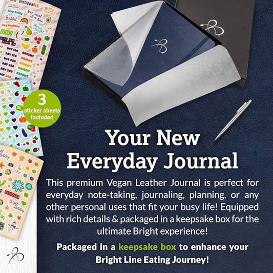 Bright Line Eating Line Journal Notebook, Vegan Leather Journal w/Lay-Flat Binding, Indigo Notebook Journal for Women & Men, Writing Journal, Food Journal, Travel Journal, Fitness Journal w/Stickers