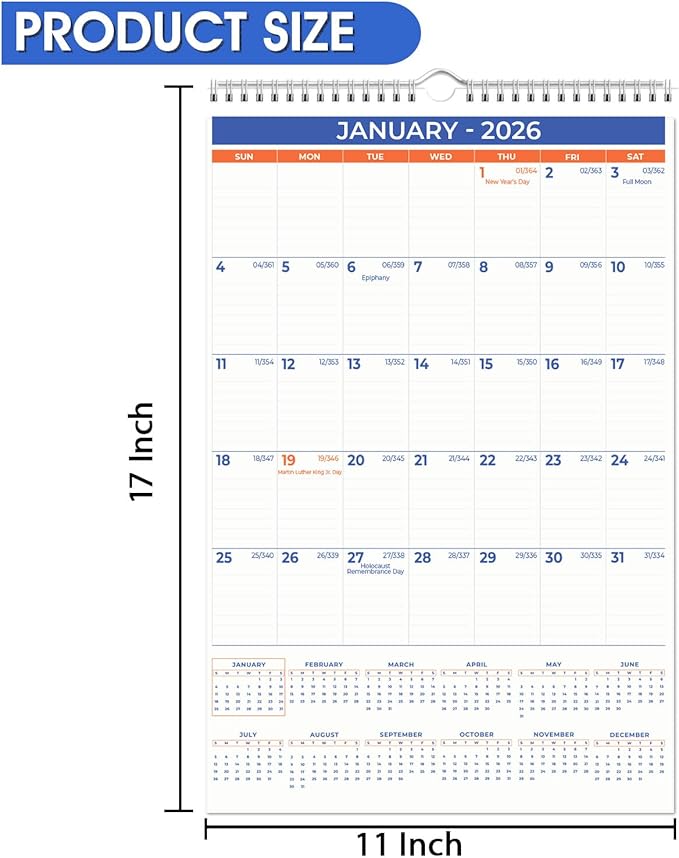2026 Wall Calendar - January 2026 - December 2026, 12 Monthly Hanging Calendar, 2026 Planner, Size 11" x 17", Spiral Binding, Holidays, Julian Dates, Large Blocks, Twin-Wire Binding, Hanging Hook