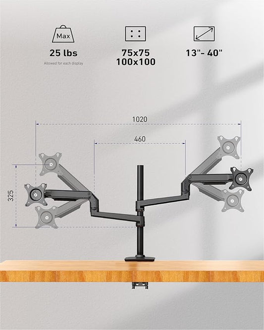 Quad Monitor Mount, Holds Screens up to 40 Inches and 25 lbs, Fully Adjustable 4 Monitor Mount with C-Clamp and Grommet Base, Aluminum, Black