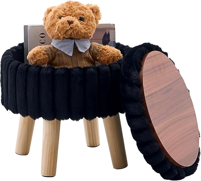 Wimarsbon Storage Ottoman,Soft Faux Fur Footstool with Padded Seat, Small Reading Vanity Chair, Footrest with Wood Tray for Couch, Mini Coffee Table or Display Stand (Black, Round Storage)