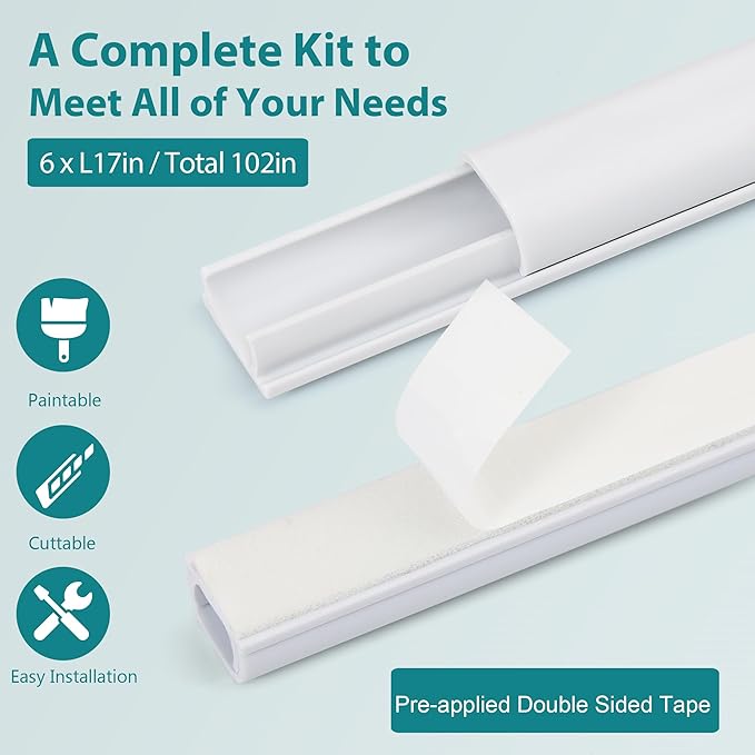 ZhiYo 102in Cord Covers for Wires on Wall, Cable Hider for 1-2 Cords, Self-Adhesive TV Cord Hider for Wall Mounted tv, Wire Cover Concealer, White Cable Management Raceway, 6X L17in W0.7in H0.4in