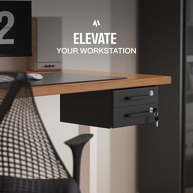 Under Desk Drawer Slide-Out – Lockable Metal Storage Drawers with Cable Management for Office & Home (Double, Non-Bracketed)