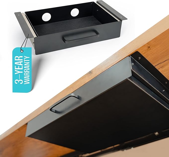Under Desk Drawer Slide Out Attachment - Carbon Steel Undermount Table Drawer with Cable Management, Pull Out Add-On Storage for Office & Standing Desks (13" x 8" x 2.8")