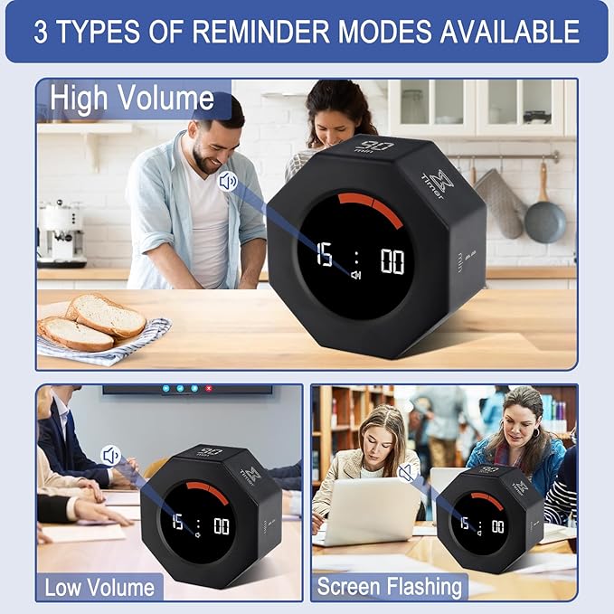 GuDoQi Digital Productivity Timer, Octagon Rotating Pomodoro Timers with Gravity-sensor, 1-3-5-15-30-60-90 Min Countdown, Portable Adjustable Sound Alert Multi Desk Timer or Study Task, Kitchen, Black