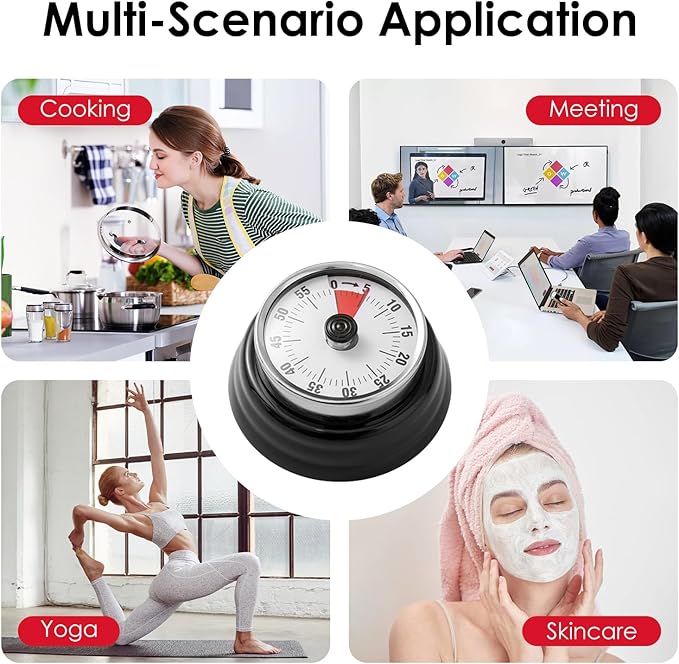 Visual Timer, Teeloray 60-Minute Countdown Timer, Kitchen Timer with Magnetic Base, Mechanical Clockwork, Ringer Alert, Time Management Tool for Children and Adults, Study/Work/Cooking (Black)