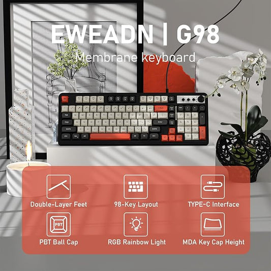 EWEADN G98 RGB Gaming Keyboard Wired, Retro Creamy Membrane Keyboards with Media Knob, Number Pad RGB Backlit, 98 Keys Quite Membrane Computer Keyboard for MAC Xbox PC Gamer -Black&White