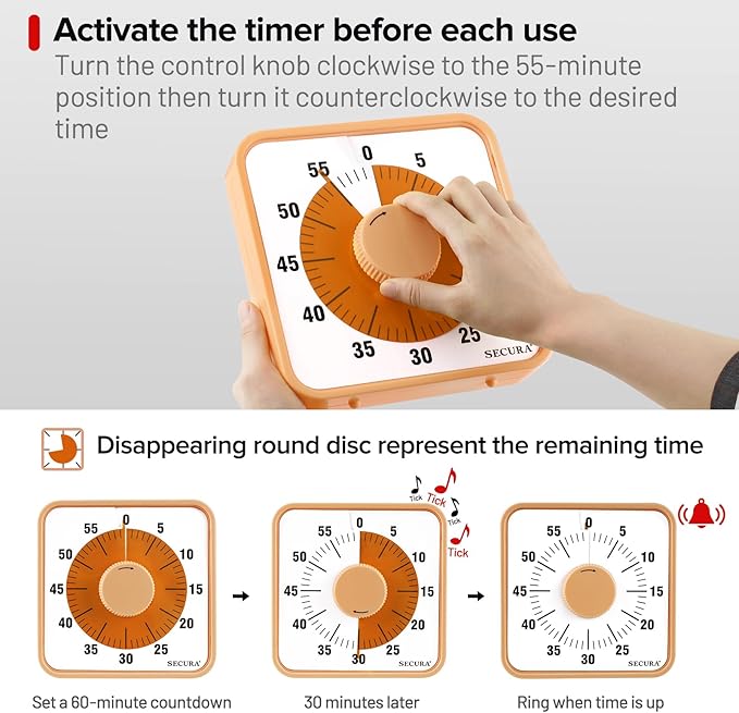 Secura 7.5 Inch Visual Timer, 60 Minute Oversize Countdown Visual Timer for Kids and Adults, Durable Mechanical Time Management Tool (Orange)