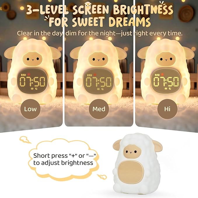 Sheep Alarm Clock with Night Light for Kids with Sleep Training and Sound Machine, Rechargeable Silicone Lamp OK to Wake Clock,Cute Animal Tabletop Lamp, Perfect Sleep Companion for Boys Girls, Khaki