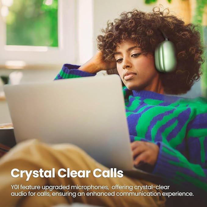 Y01 Wireless Over Ear Headphones, Noise Canceling Bluetooth 5.3 Headphones with Microphones,Hi-Res Audio,48H Playtime,Foldable,Breathable Soft Earpads for iOS/Android/Samsung/PC-Green