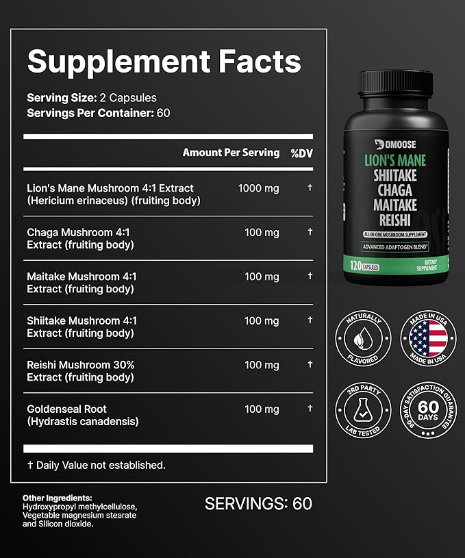 Lions Mane Mushroom Complex - 5300 mg Adaptogenic Blend for Memory, Focus and Immune Support - 5 in 1 Lionsmane, Chaga, Maitake, Shiitake and Reishi Extract - Nootropic Mushroom Supplement Capsules