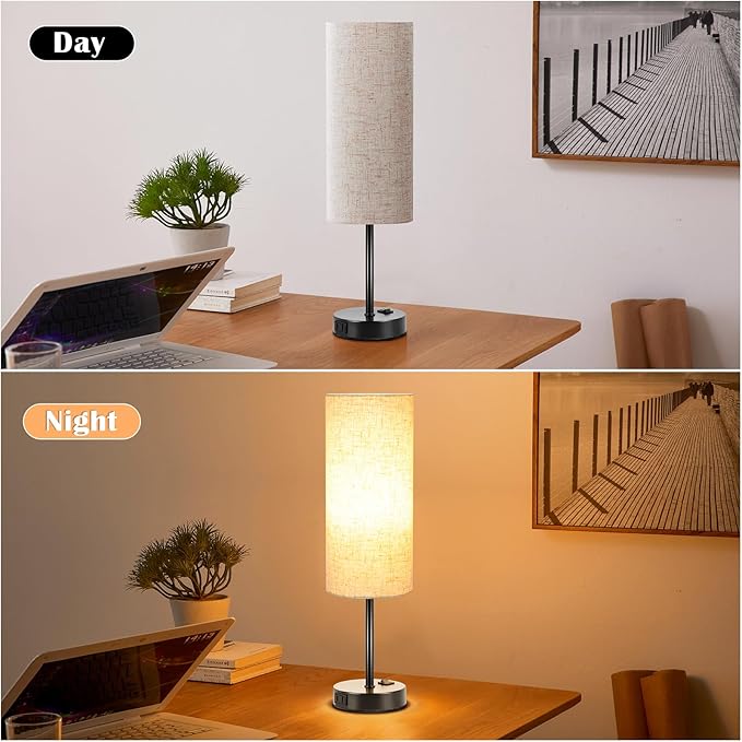 ZJOJO Table Lamp for Bedroom 2 Pack,18in Bedside Lamps with 3 Way Dimmable Rocker Switch & AC Outlet,Nightstand Desk Lamp with Flaxen Fabric Shade Black Base for Living Room Home Decor Lights