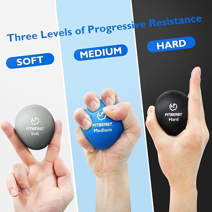 FitBeast Stress Balls for Adults, 6-Pack Hand Therapy Balls, Soft, Medium, Hard Tri-Density, Green, Orange, Blue